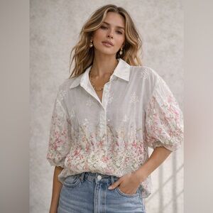 T25. Floral Embroidered Puff-Sleeve Button-Up Top